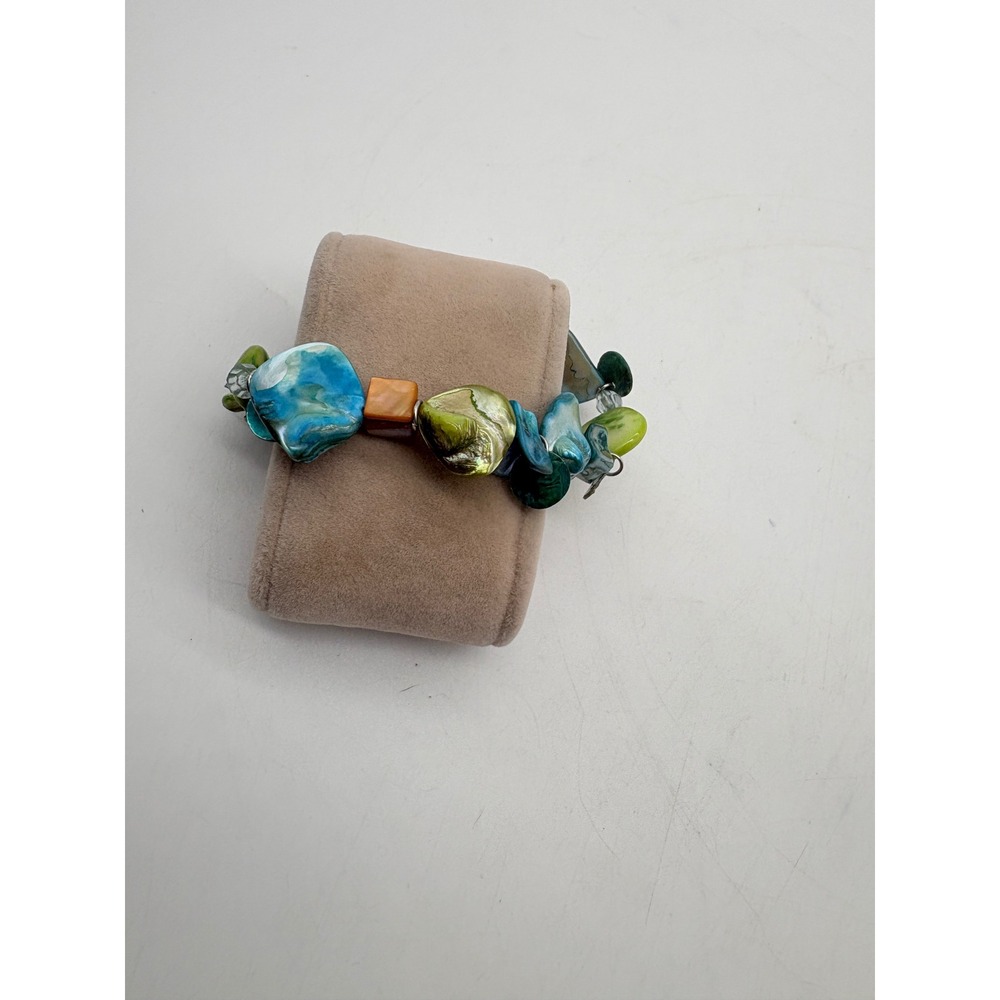 Blue Green Shell Bead Stretch Bracelet Boho Coastal Iridescent Statement Stretch